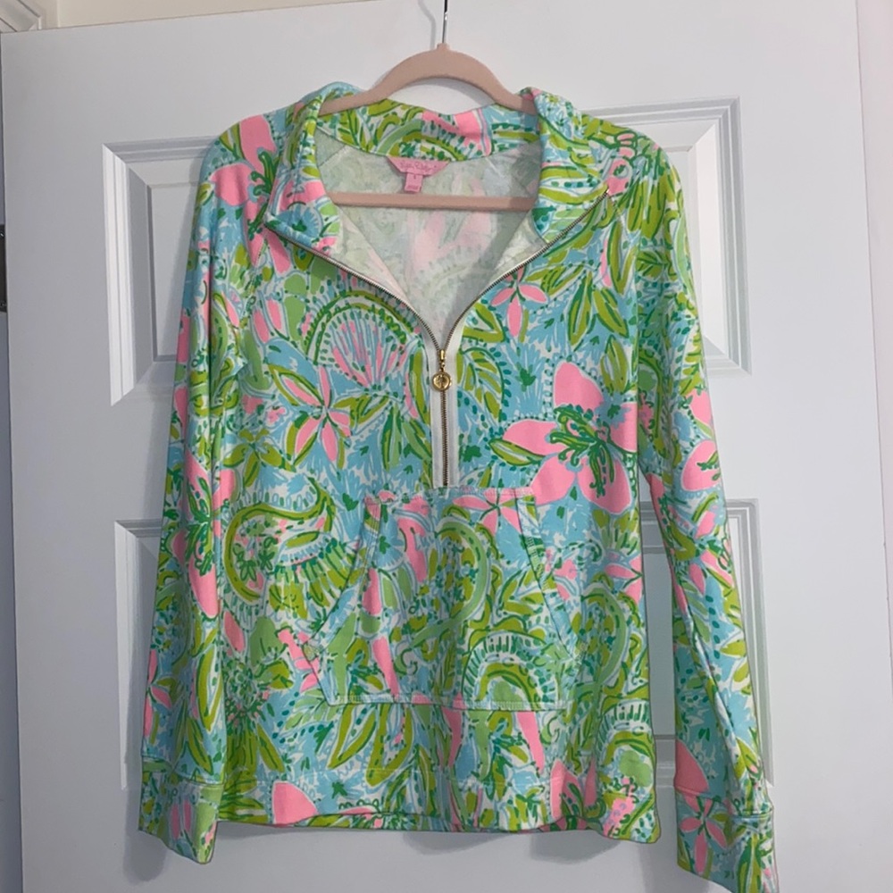 Lily Pulitzer Green Pink Popover Half Zip in Coconut Jungle Print